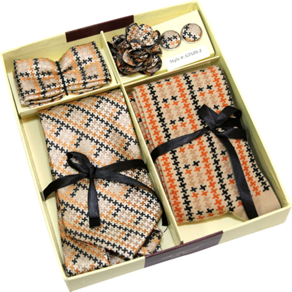 Tan Black Necktie Sock Flower Hanky Cuff Link Set
